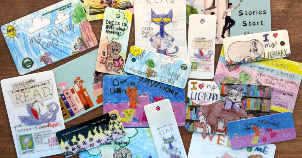 A variety of hand-drawn library card designs by children, featuring bright colors, books, animals, and “I love my library” themes.