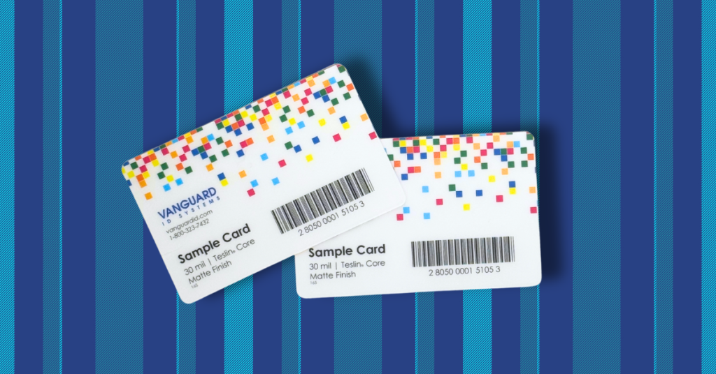 Two Vanguard ID sample cards with a barcode on top of a striped background.