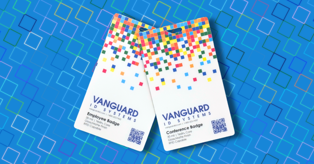 Two Vanguard ID sample badges with a QR code on top of a square patterned background.